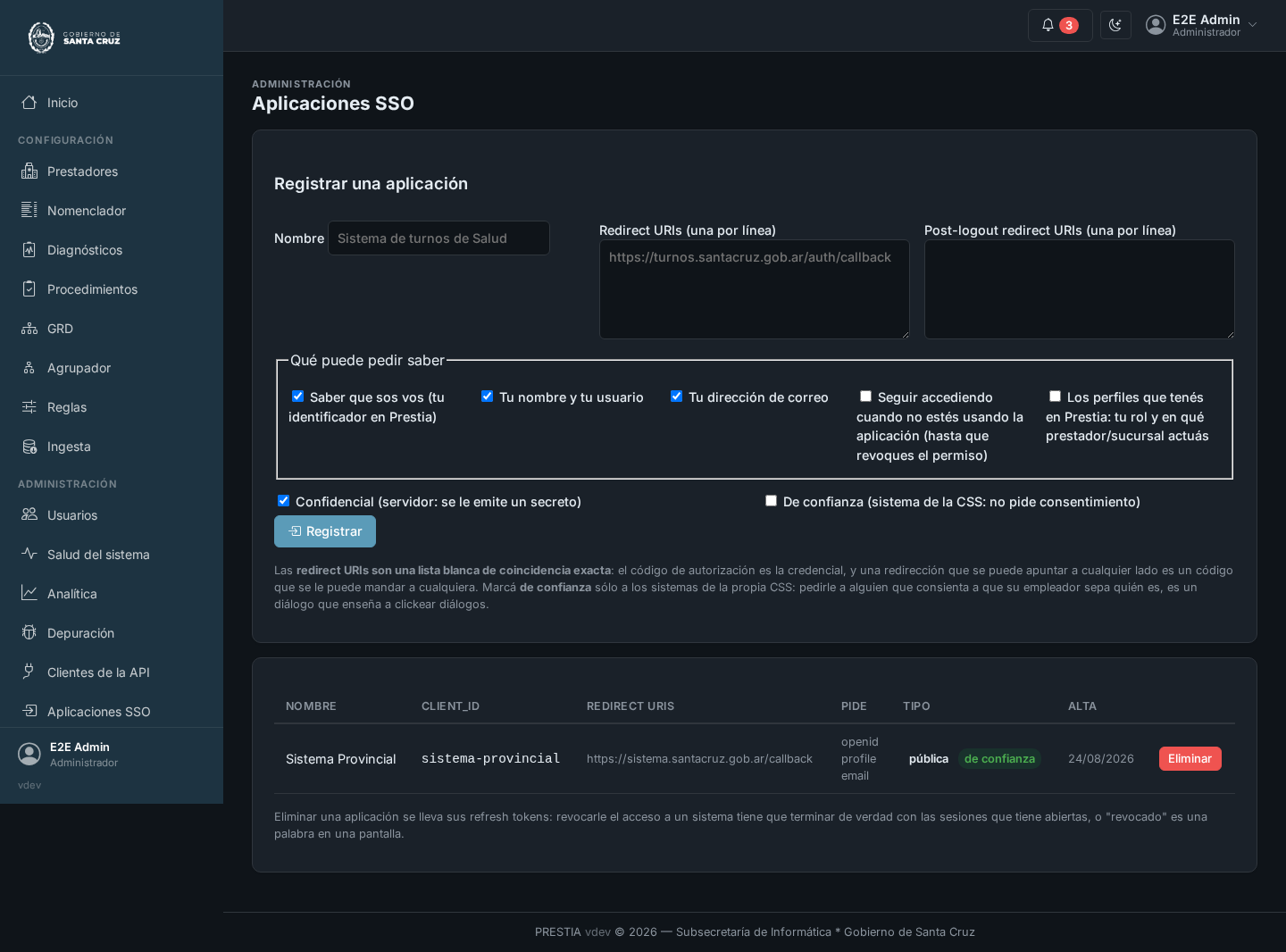 La pantalla de aplicaciones SSO: un formulario para registrar una aplicación con su nombre, su tipo, sus direcciones de retorno y sus opciones, arriba de la tabla de aplicaciones registradas con su tipo, si son de confianza, cuándo se agregaron y cuántos pedidos hicieron.