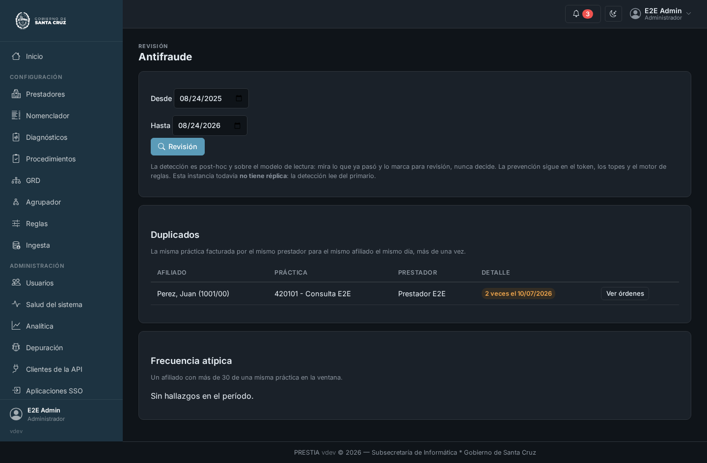La pantalla de antifraude: un rango de fechas con un botón Revisión, y dos bloques de hallazgos -duplicados y frecuencia atípica-, cada uno explicando qué busca, sin hallazgos en este ejemplo.