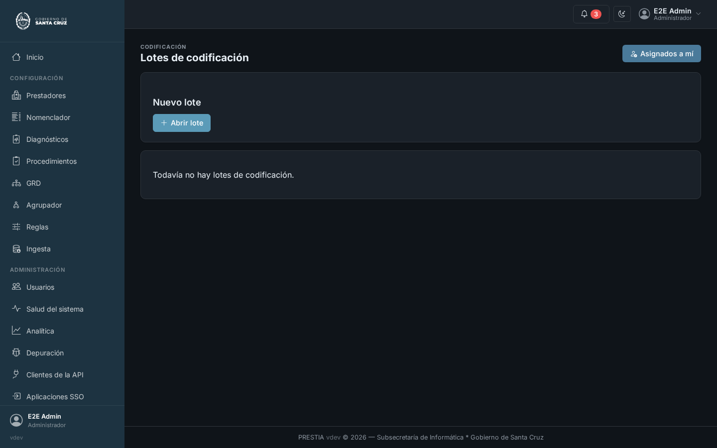La pantalla de lotes de codificación: filtros para todos los lotes y para los asignados a vos, un formulario para crear un lote nuevo, y el listado de lotes con su estado, vacío en este ejemplo.