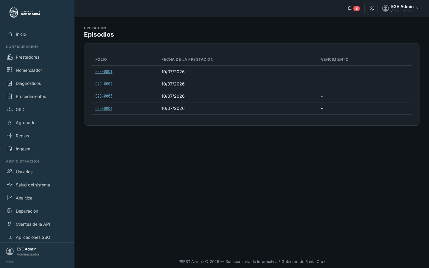 La pantalla de episodios: arriba un formulario para admitir una internación, y debajo una tabla de episodios con su folio, afiliado, fecha y estado.