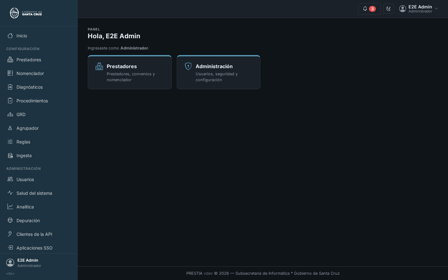 La pantalla después de entrar: una barra lateral oscura a la izquierda con las secciones que alcanza la cuenta, una barra superior con la campana de notificaciones, el interruptor de tema claro y oscuro y el menú de la cuenta, y un panel de tarjetas en el medio, una por cada lugar adonde ir.