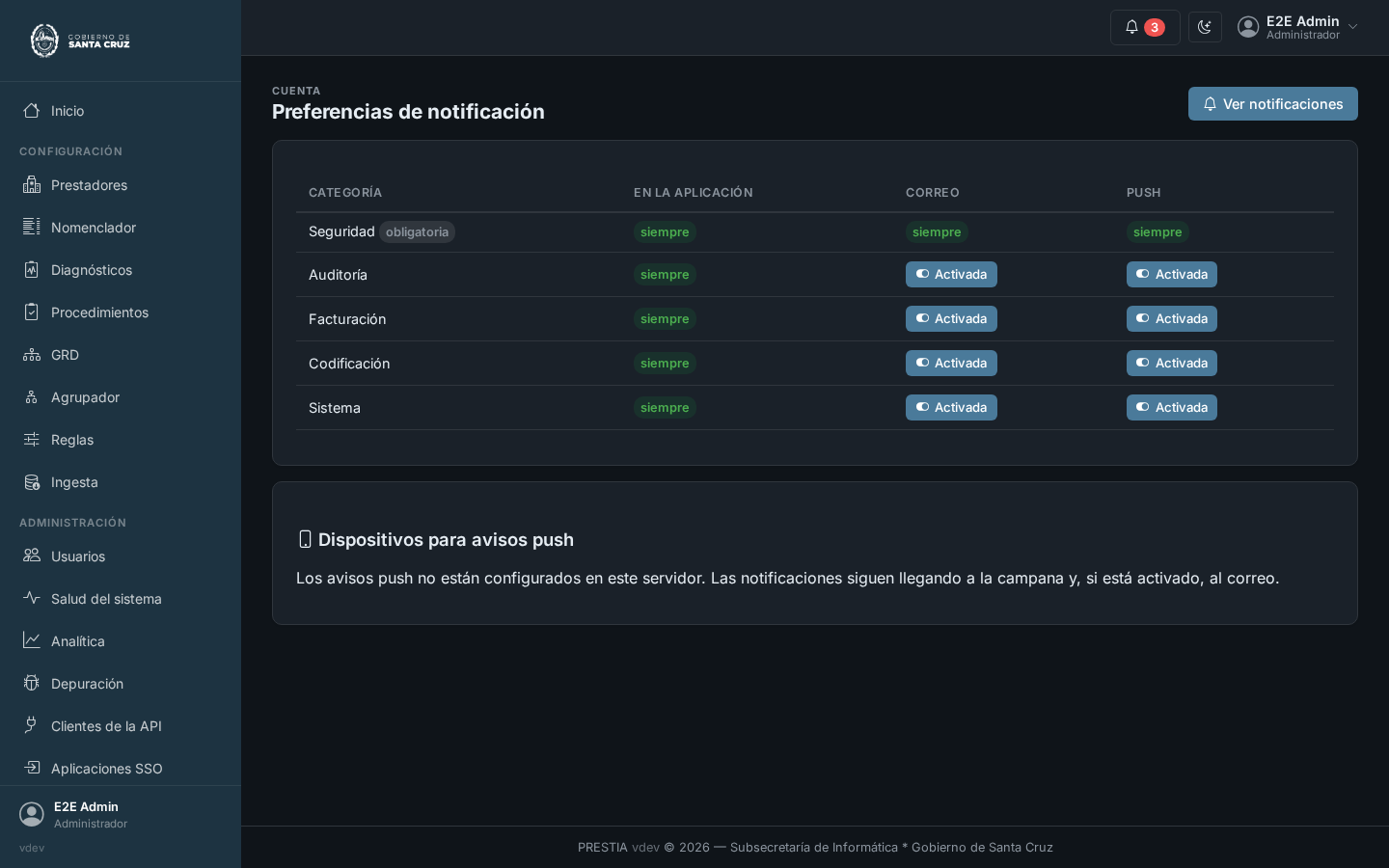 La pantalla de preferencias de notificación: una fila por categoría con su estado y un botón para activarla o desactivarla -algunas marcadas como obligatorias- y, más abajo, los dispositivos registrados para avisos push con la fecha en que cada uno recibió el último.