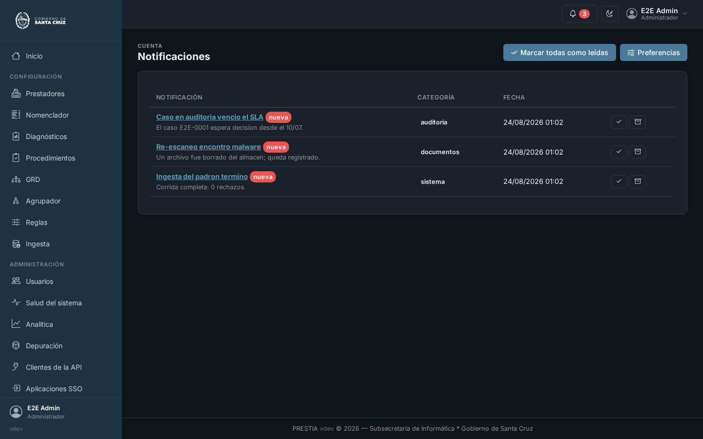 La pantalla de notificaciones: un listado de notificaciones con su categoría, título y fecha, cada una con botones para marcarla como leída o archivarla, y un botón para marcarlas todas como leídas.