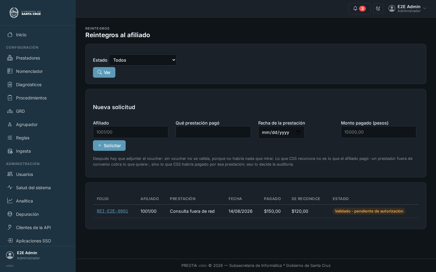 La pantalla de reintegros: un filtro por estado, un formulario para solicitar uno nuevo para un afiliado y una prestación, y una tabla de solicitudes con su folio, afiliado, importes y estado.