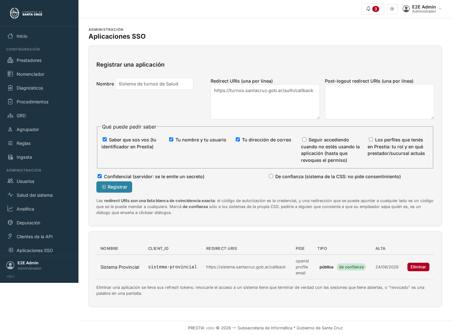 La pantalla de aplicaciones SSO: un formulario para registrar una aplicación con su nombre, su tipo, sus direcciones de retorno y sus opciones, arriba de la tabla de aplicaciones registradas con su tipo, si son de confianza, cuándo se agregaron y cuántos pedidos hicieron.