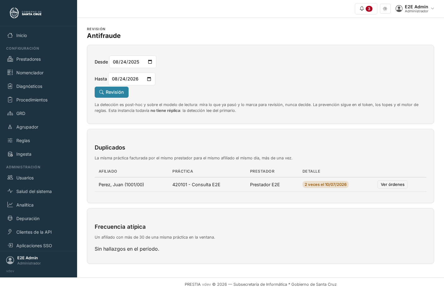 La pantalla de antifraude: un rango de fechas con un botón Revisión, y dos bloques de hallazgos -duplicados y frecuencia atípica-, cada uno explicando qué busca, sin hallazgos en este ejemplo.