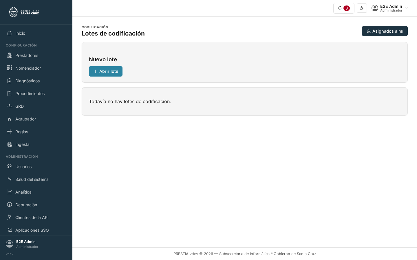 La pantalla de lotes de codificación: filtros para todos los lotes y para los asignados a vos, un formulario para crear un lote nuevo, y el listado de lotes con su estado, vacío en este ejemplo.