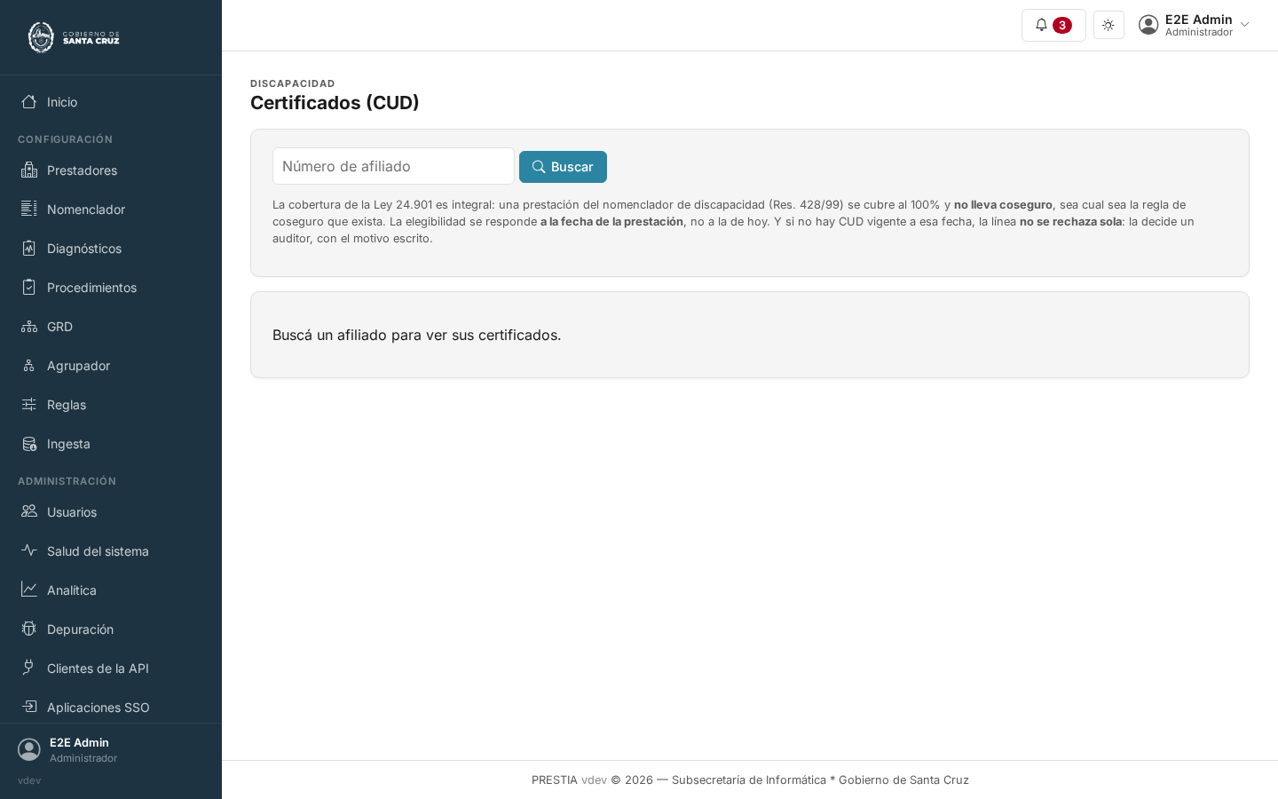 La pantalla de certificados (CUD): un único campo de búsqueda por número de afiliado con un botón Buscar, una nota que dice que la cobertura de la Ley 24.901 es integral y no lleva coseguro y que la elegibilidad se responde a la fecha de la prestación, y el estado vacío que pide buscar un afiliado antes de mostrar certificado alguno.