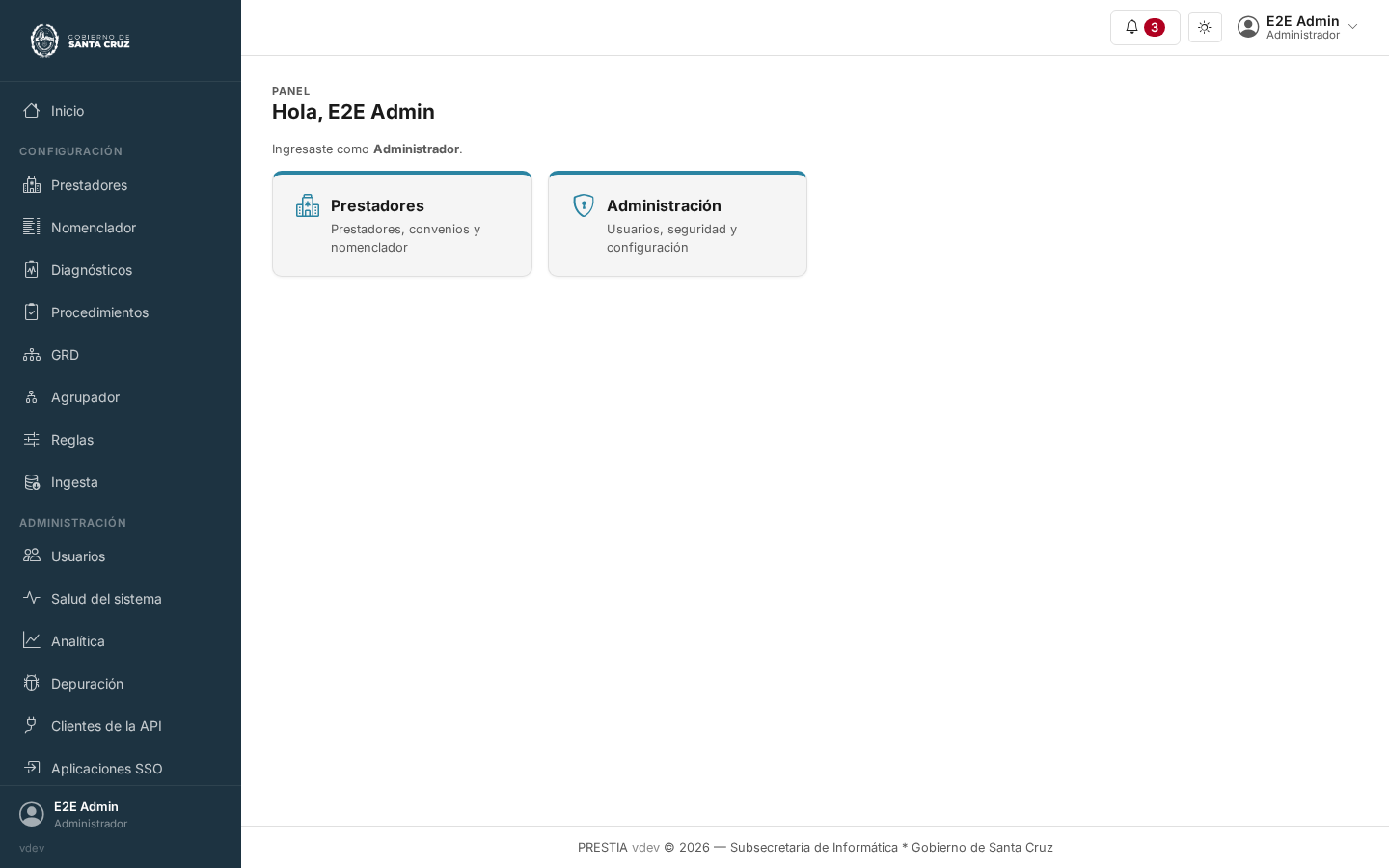 La pantalla después de entrar: una barra lateral oscura a la izquierda con las secciones que alcanza la cuenta, una barra superior con la campana de notificaciones, el interruptor de tema claro y oscuro y el menú de la cuenta, y un panel de tarjetas en el medio, una por cada lugar adonde ir.