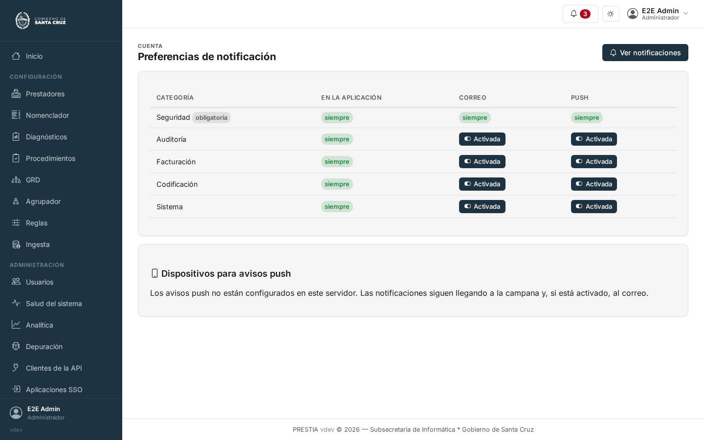 La pantalla de preferencias de notificación: una fila por categoría con su estado y un botón para activarla o desactivarla -algunas marcadas como obligatorias- y, más abajo, los dispositivos registrados para avisos push con la fecha en que cada uno recibió el último.
