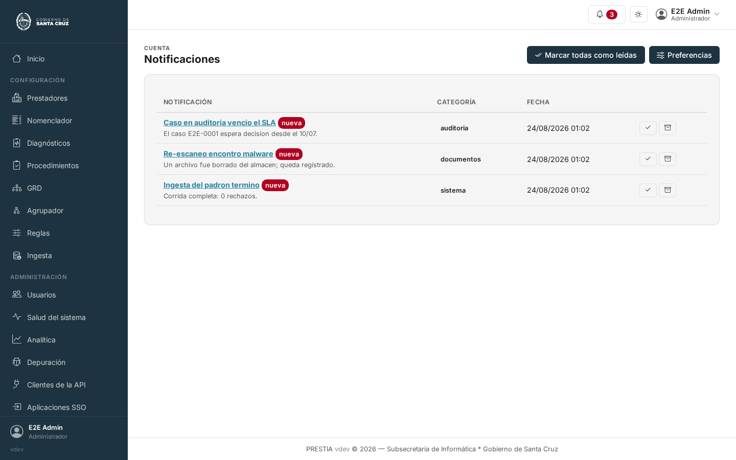 La pantalla de notificaciones: un listado de notificaciones con su categoría, título y fecha, cada una con botones para marcarla como leída o archivarla, y un botón para marcarlas todas como leídas.