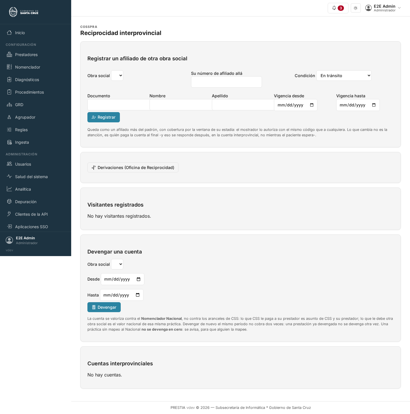 La pantalla de reciprocidad interprovincial: una tarjeta para registrar un afiliado de otra obra social con su jurisdicción, número, documento, nombre y vigencia; un botón que lleva a las derivaciones de la Oficina de Reciprocidad; el listado de visitantes registrados; y una tarjeta para devengar una cuenta interprovincial por un período, arriba del listado de cuentas.