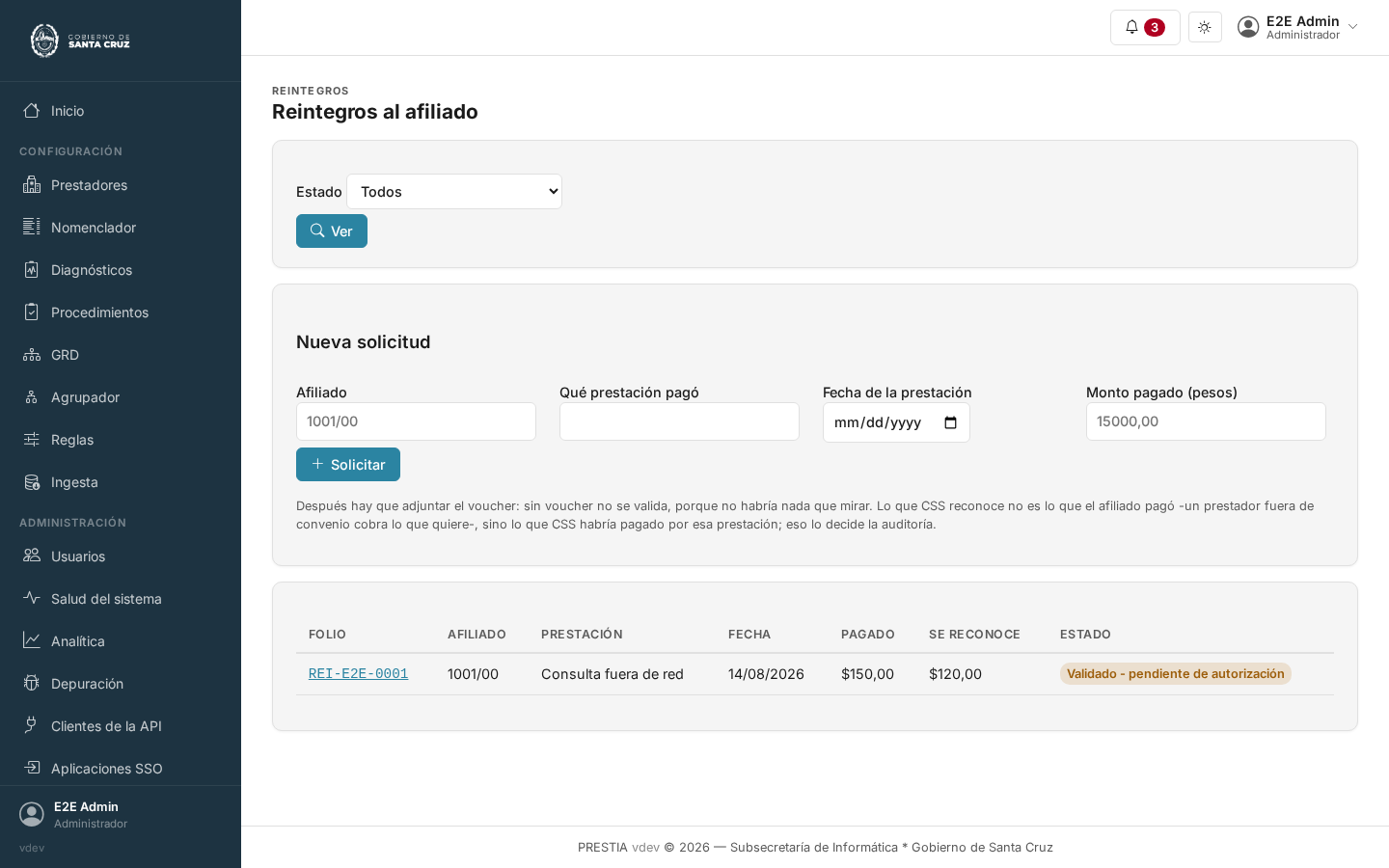 La pantalla de reintegros: un filtro por estado, un formulario para solicitar uno nuevo para un afiliado y una prestación, y una tabla de solicitudes con su folio, afiliado, importes y estado.